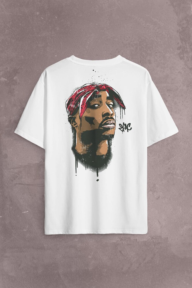 2Pac Tupac Shakur Makaveli Cartoon Atwork Hip Hop Sırt Ön Baskılı Oversize Tişört Unisex T-Shirt - 2