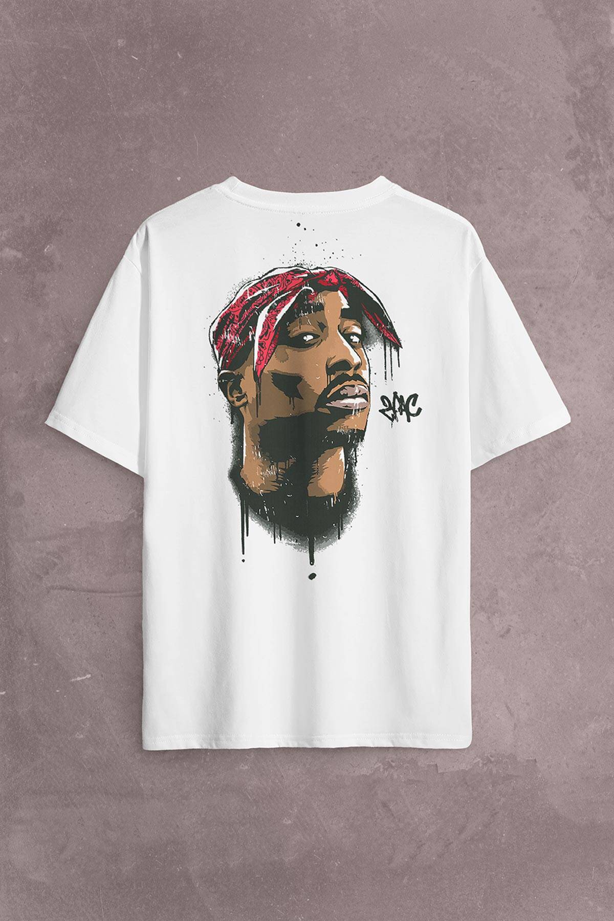 2Pac Tupac Shakur Makaveli Cartoon Atwork Hip Hop Sırt Ön Baskılı Oversize Tişört Unisex T-Shirt - 2