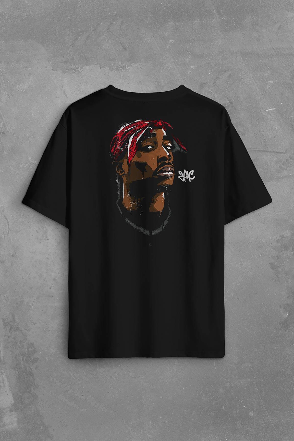 2Pac Tupac Shakur Makaveli Cartoon Atwork Hip Hop Sırt Ön Baskılı Oversize Tişört Unisex T-Shirt - 2