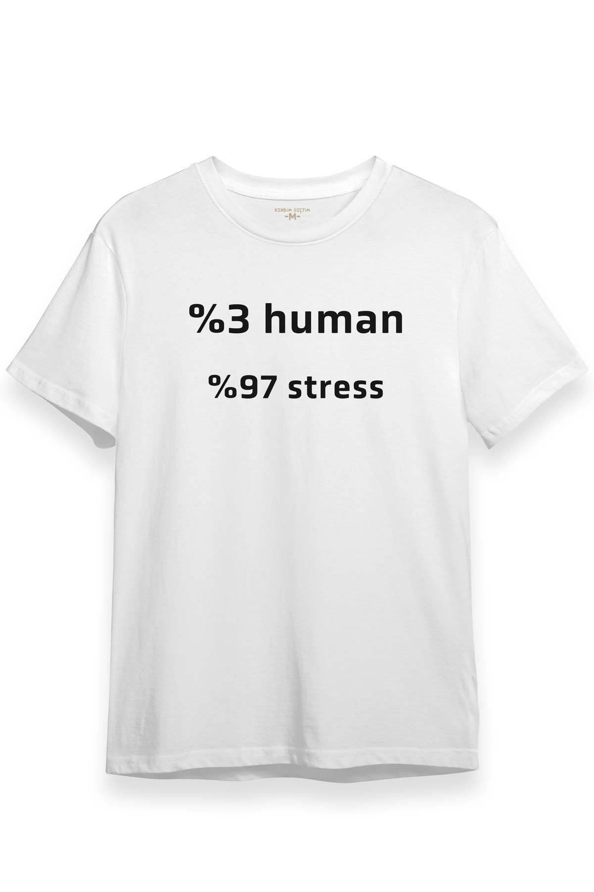%3 Human %97 Stress Baskılı Beyaz Regular Fit Tişört
