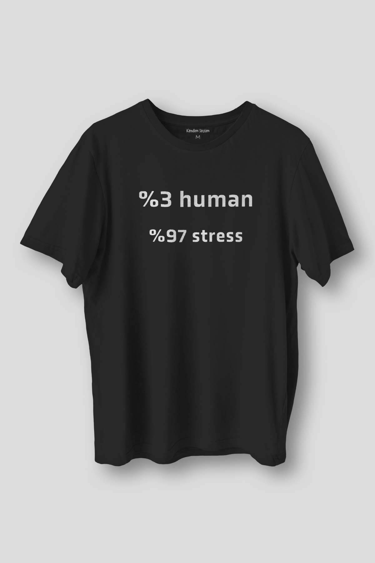 %3 Human %97 Stress Baskılı Siyah Regular Fit Tişört