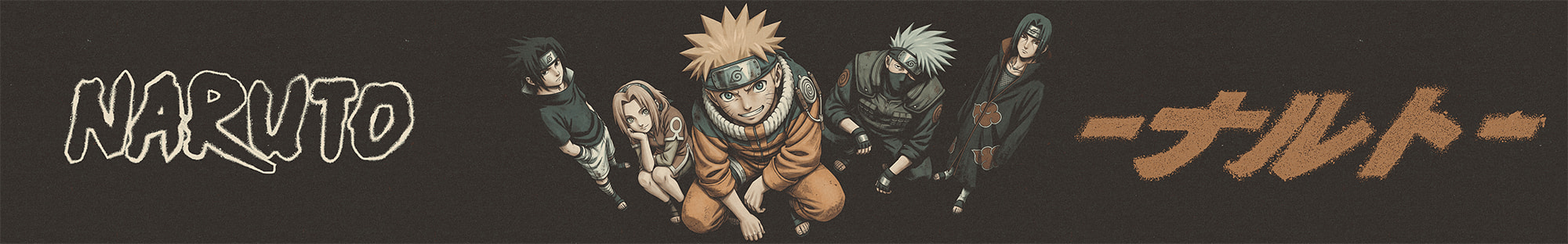 Naruto, Sasuke, Sakura, Kakashi ve Itachi karakterlerinin yer aldığı Naruto tişört ve sweatshirt görseli