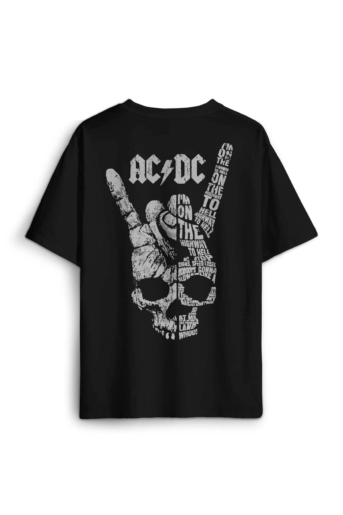 AC DC Hard Rock Music Müzik Sırt Ön Baskılı Oversize Tişört Unisex T-Shirt - 1