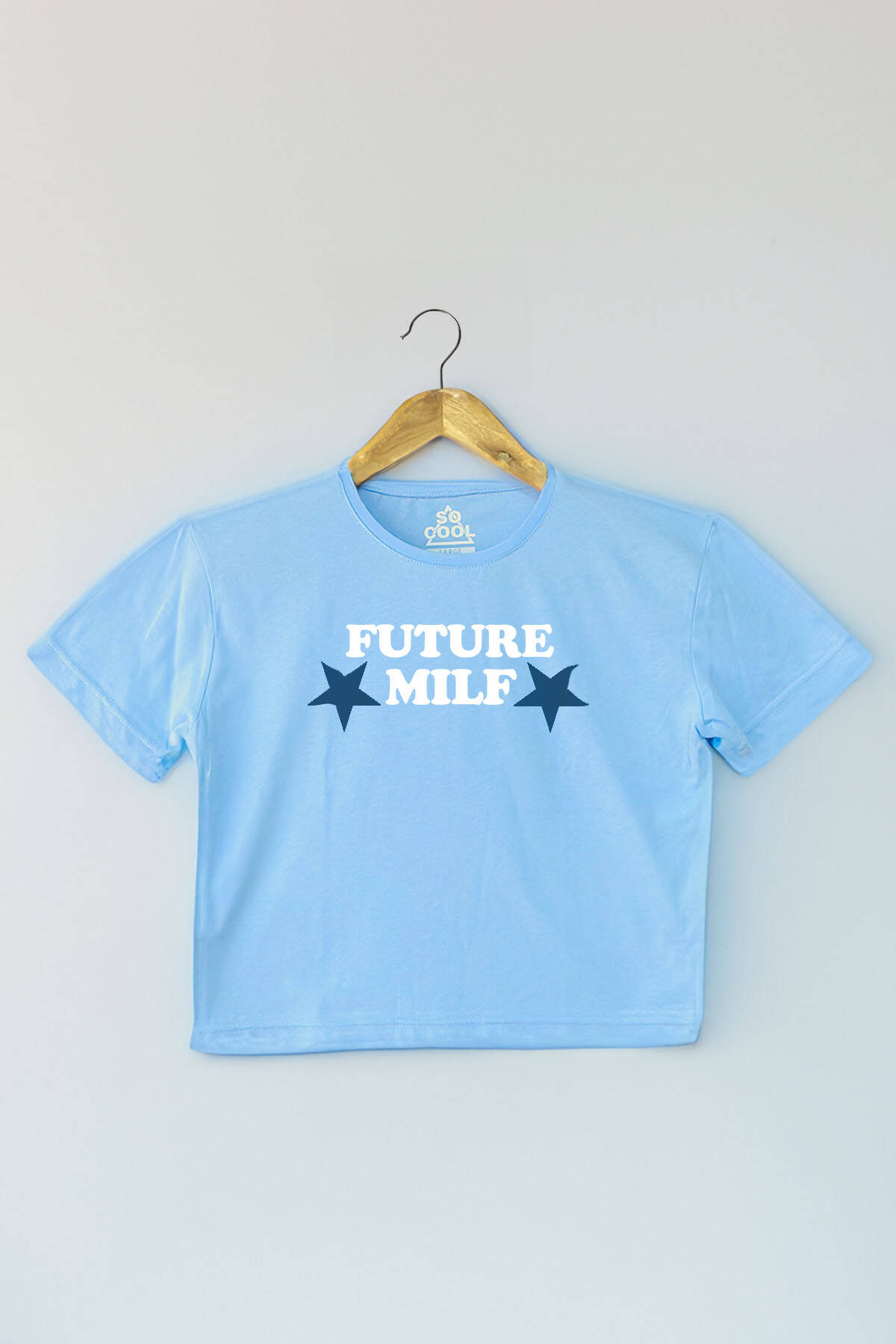 Açık Mavi Crop T-shirt Future Milf Yazı Baskılı Y2K Light Blue Kadın Tişört Baby Tee