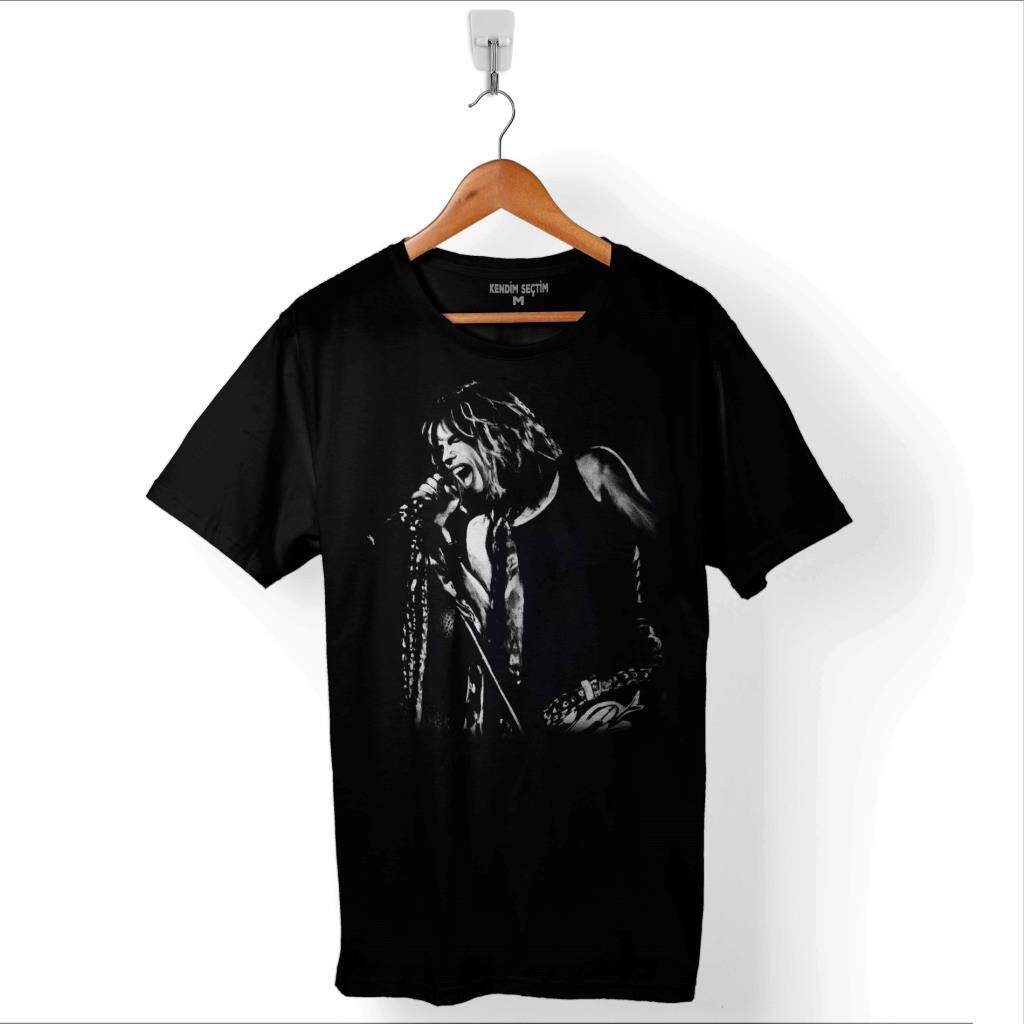 Aerosmith Steven Tyler Black On Black Wings Baskılı Tişört Unisex T-Shirt - 1