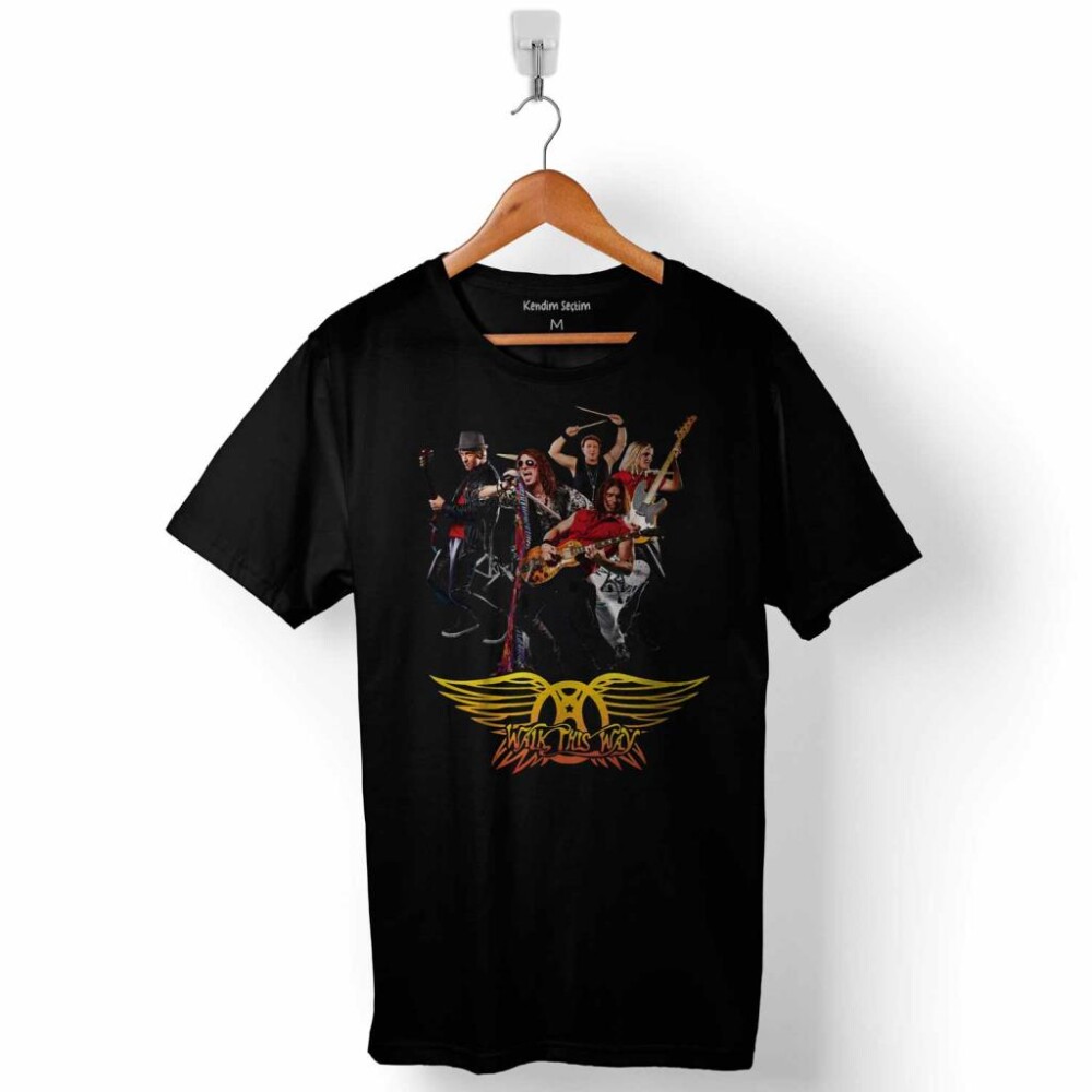 Aerosmith Walk This Way Steven Tyler Black On Black Baskılı Tişört Unisex T-Shirt - 1