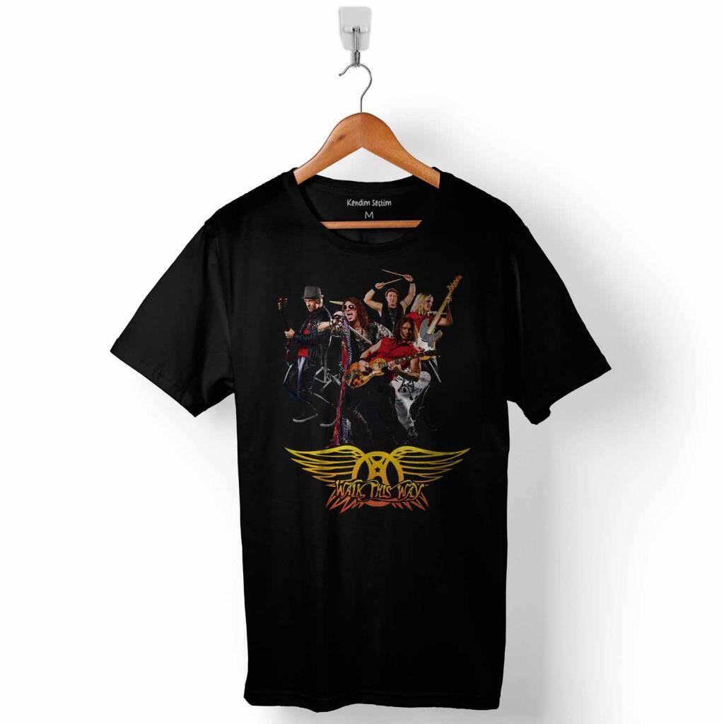 Aerosmith Walk This Way Steven Tyler Black On Black Baskılı Tişört Unisex T-Shirt - 1