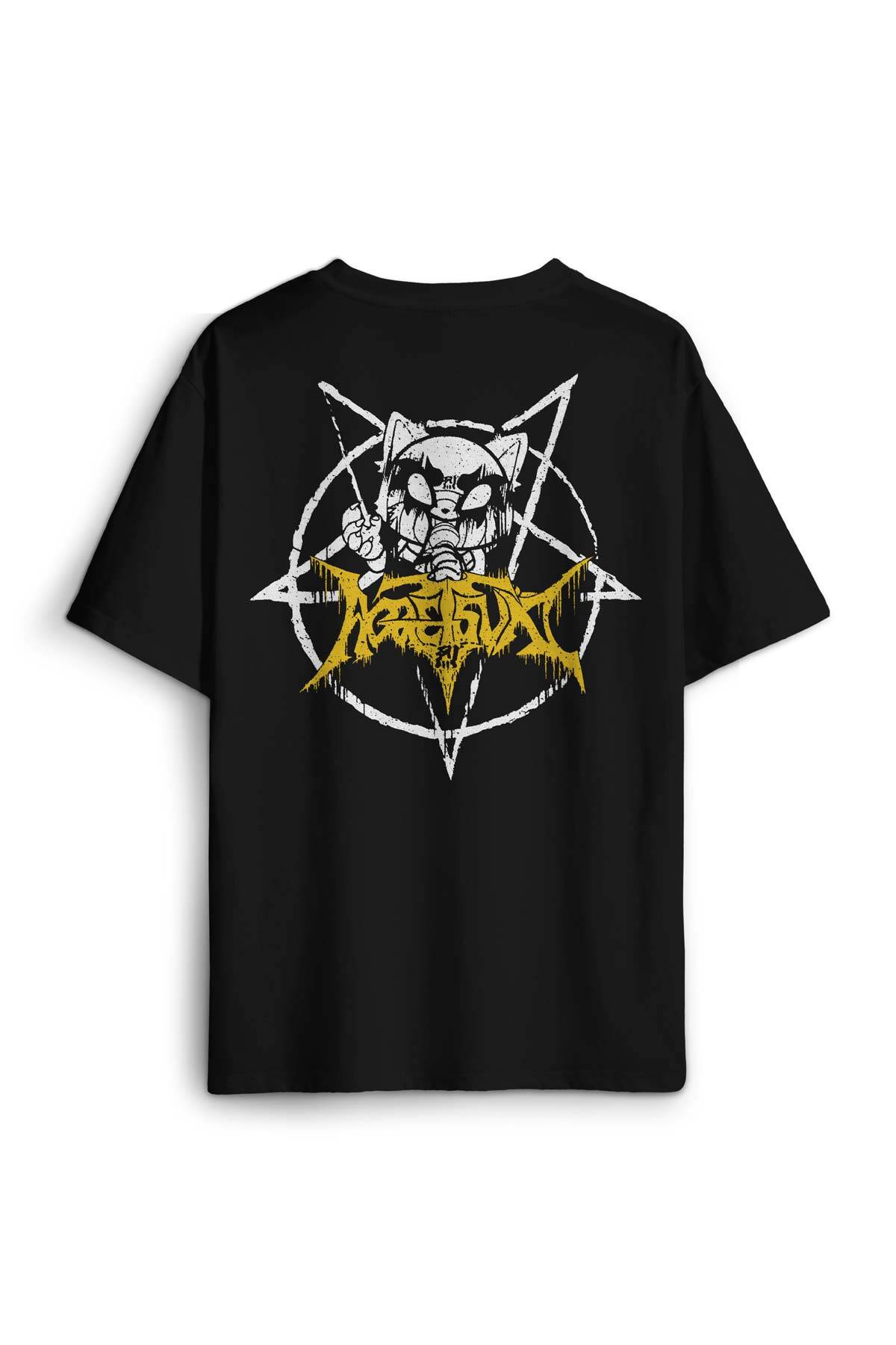 Aggretsuko Agresif Retsuko Gotik Japon Anime Manga Metal Gothic Baskılı Oversize T-shirt Siyah Tişört - 1