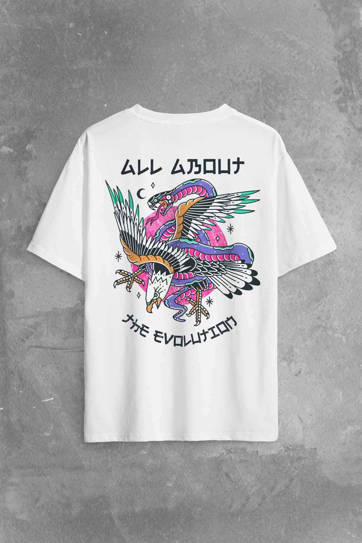 All About The Evolution Eagle and Snake Kartal ve Yılan Baskılı Oversize Beyaz T-shirt
