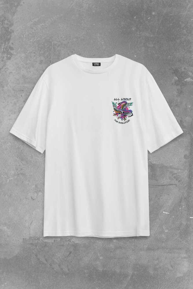All About The Evolution Eagle and Snake Kartal ve Yılan Baskılı Oversize Beyaz T-shirt - 2