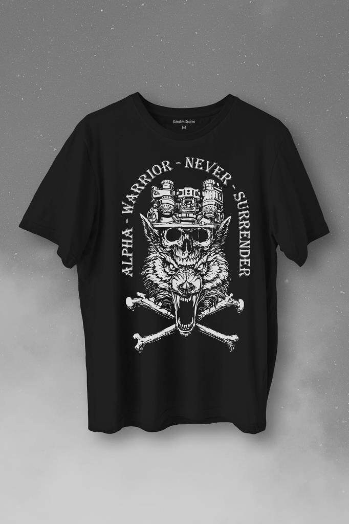 Alpha Warrior Military Savaşçı Kurt Bozkurt Baskılı Tişört Unisex T-Shirt - 1