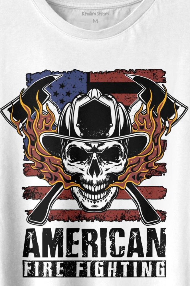 American Fire Fighter Skull Korsan Çekiç Kafalı Baskılı Tişört Unisex T-shirt - 2