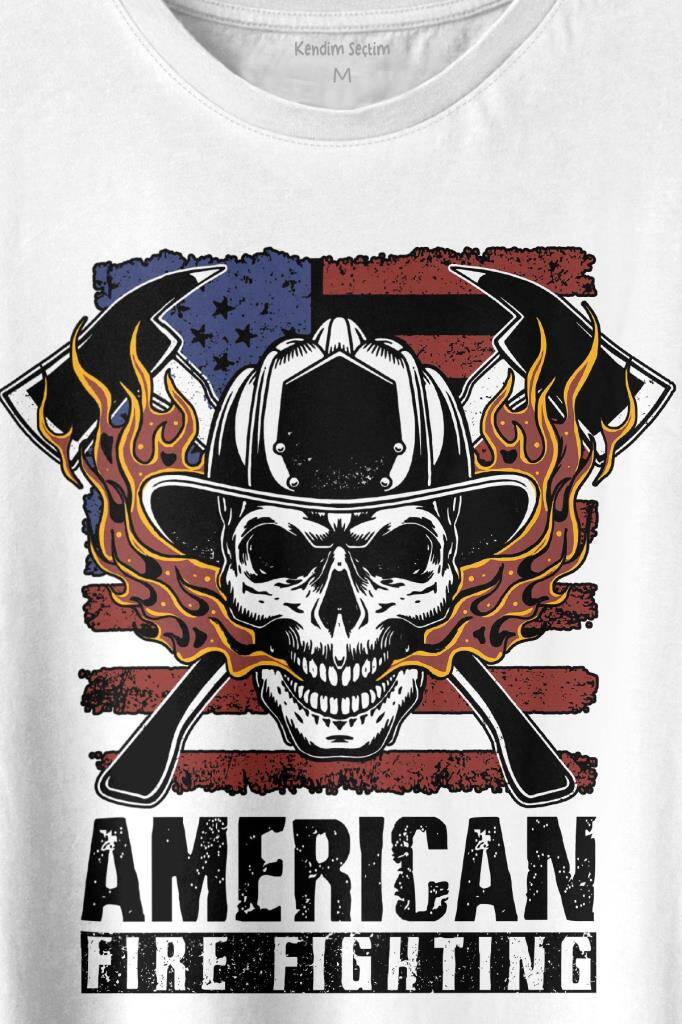American Fire Fighter Skull Korsan Çekiç Kafalı Baskılı Tişört Unisex T-shirt (1)