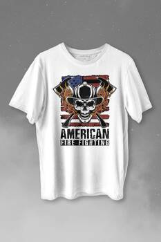 American Fire Fighter Skull Korsan Çekiç Kafalı Baskılı Tişört Unisex T-shirt - 1