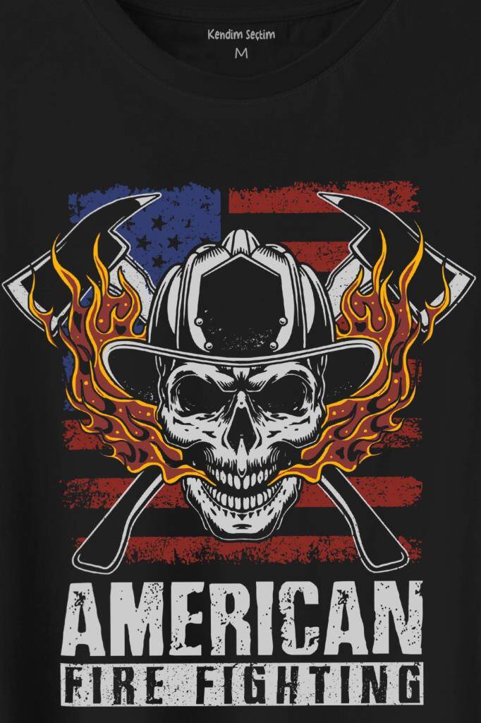 American Fire Fighter Skull Korsan Çekiç KafAli Baskılı Tişört Unisex T-Shirt (1)