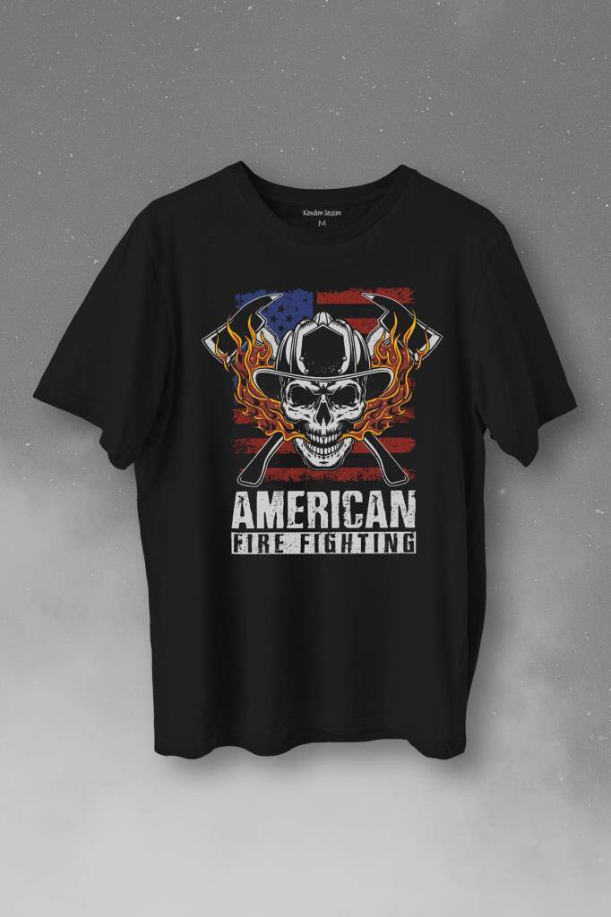 American Fire Fighter Skull Korsan Çekiç KafAli Baskılı Tişört Unisex T-Shirt - 1