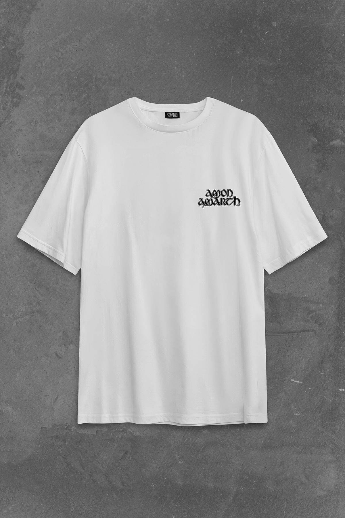 Amon Amarth Skull Logo Kuru Kafa Sırt Ön Baskılı Oversize Tişört Unisex T-Shirt - 1