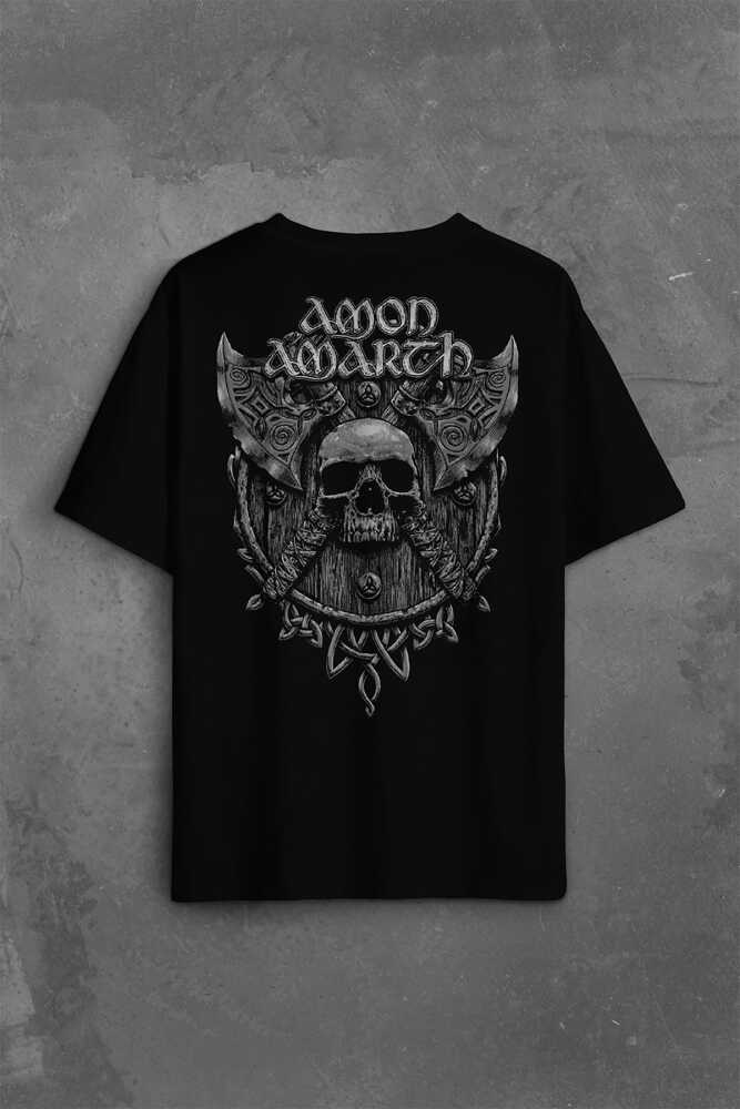 Amon Amarth Skull Logo Kuru Kafa Sırt Ön Baskılı Oversize Tişört Unisex T-Shirt (1)