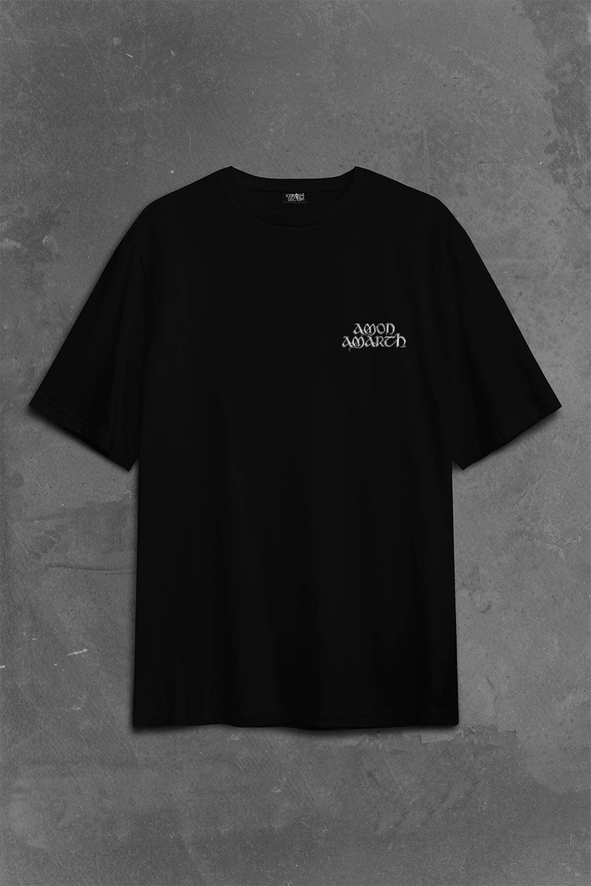 Amon Amarth Skull Logo Kuru Kafa Sırt Ön Baskılı Oversize Tişört Unisex T-Shirt