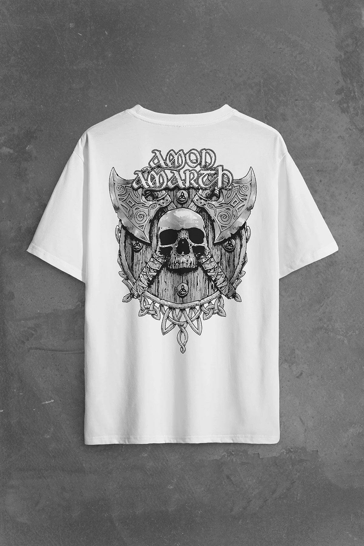 Amon Amarth Skull Logo Kuru Kafa Sırt Ön Baskılı Oversize Tişört Unisex T-Shirt (1)