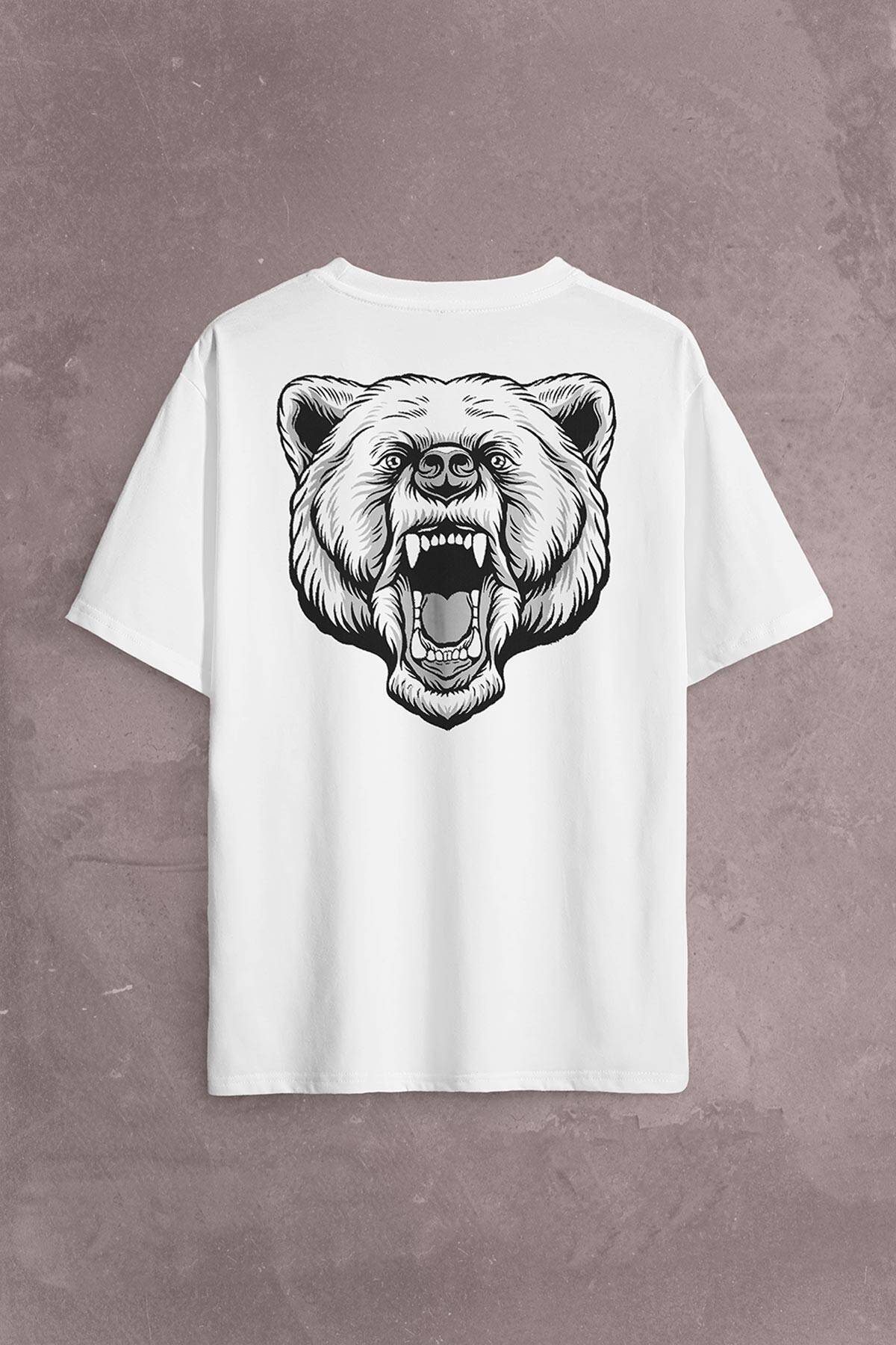 Angry Bear Head Kızgın Ayı Kafa Sırt Ön Baskılı Oversize Tişört Unisex T-Shirt - 2