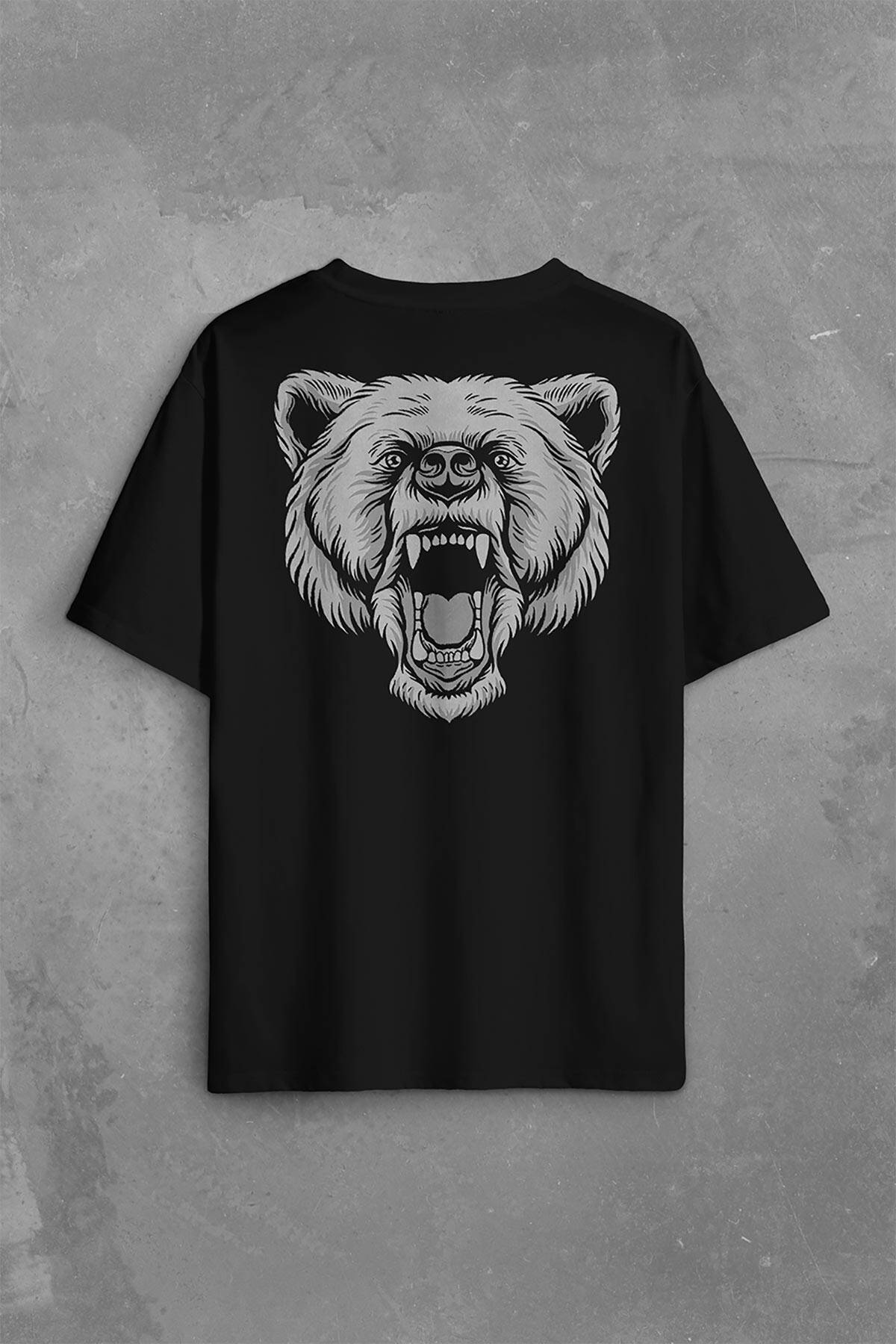 Angry Bear Head Kızgın Ayı Kafa Sırt Ön Baskılı Oversize Tişört Unisex T-Shirt - 2