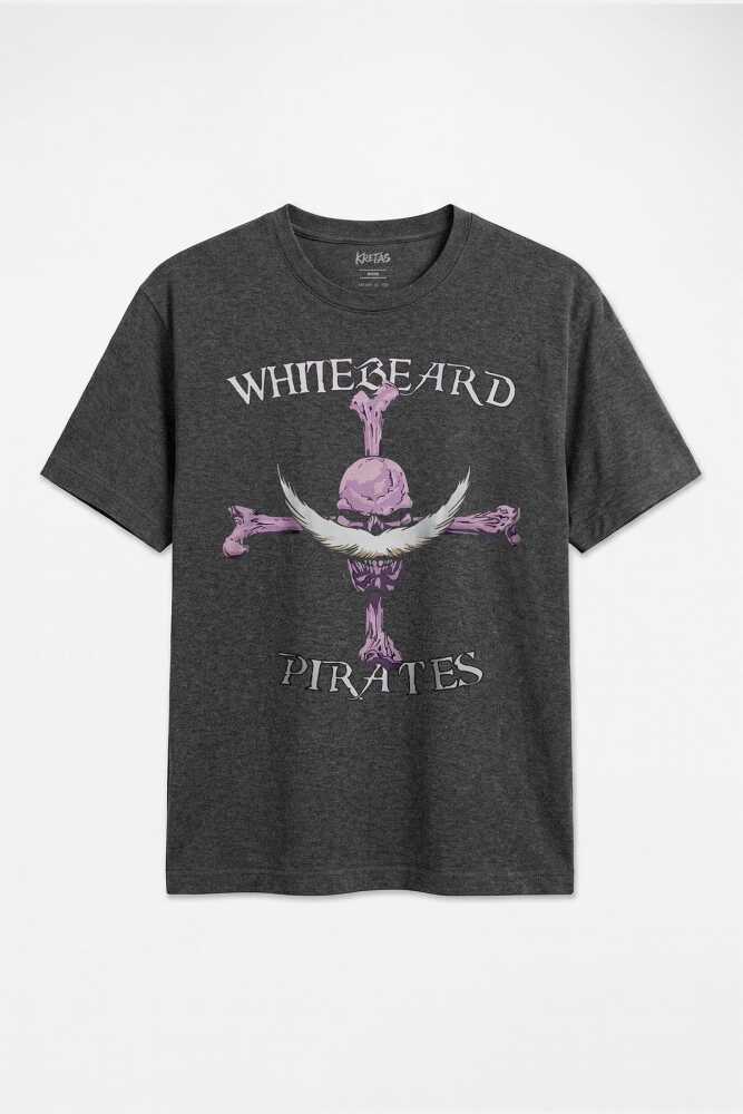 Anime Manga One Piece Whitebeard Pirates Luffy Regular Unisex Antrasit Melanj Tişört