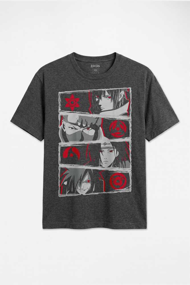 Anime Naruto Kakashi Sasuke Itachi Sharingan Manga Unisex Regular Antrasit Melanj Tişört