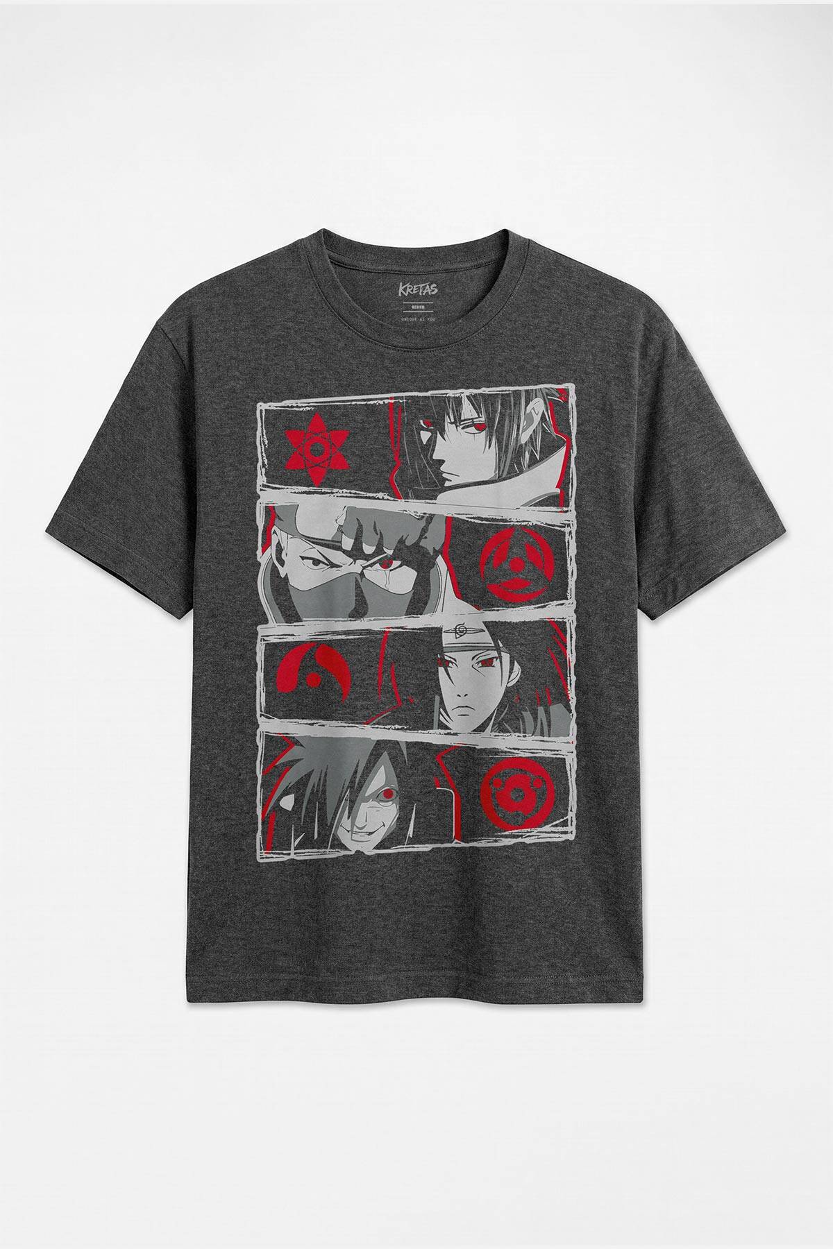 Anime Naruto Kakashi Sasuke Itachi Sharingan Manga Unisex Regular Antrasit Melanj Tişört - 1