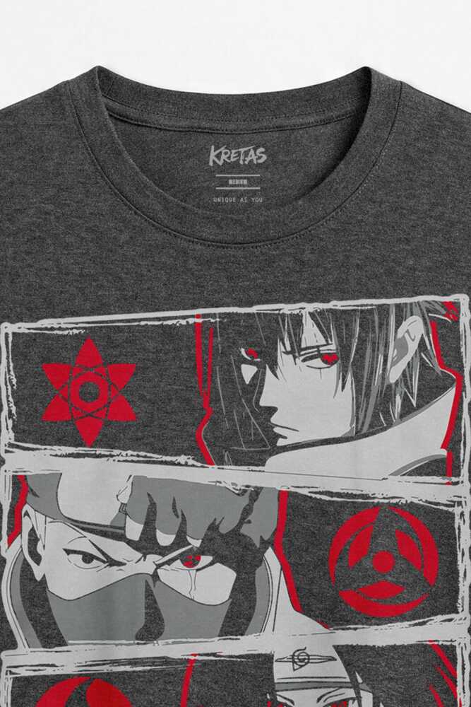 Anime Naruto Kakashi Sasuke Itachi Sharingan Manga Unisex Regular Antrasit Melanj Tişört (1)