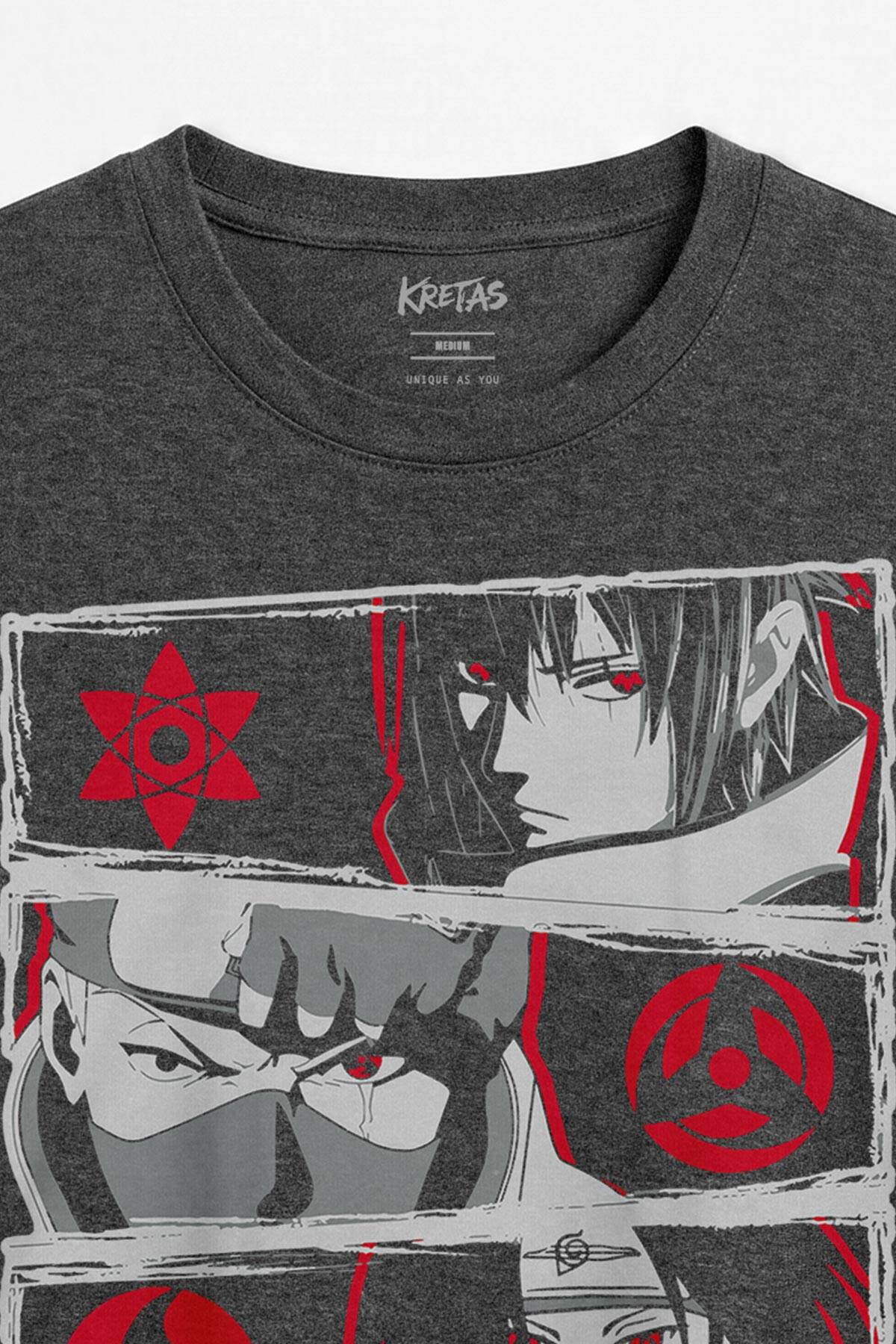 Anime Naruto Kakashi Sasuke Itachi Sharingan Manga Unisex Regular Antrasit Melanj Tişört - 2