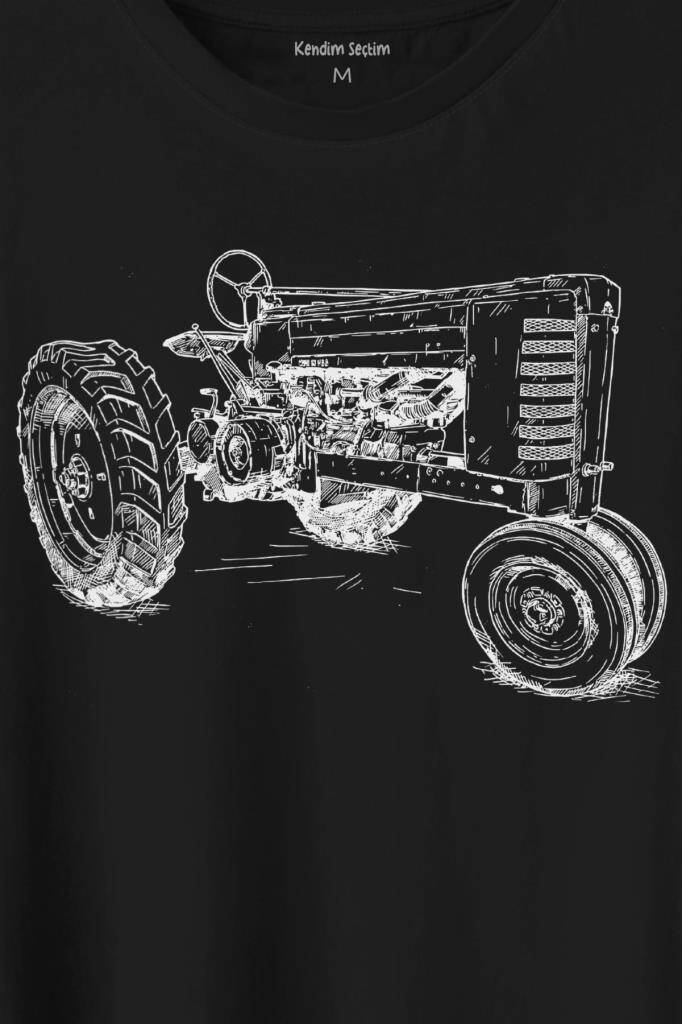 Antika Traktör Silüet Tarım Çiftçi Farmer Baskılı Tişört Unisex T-Shirt (1)