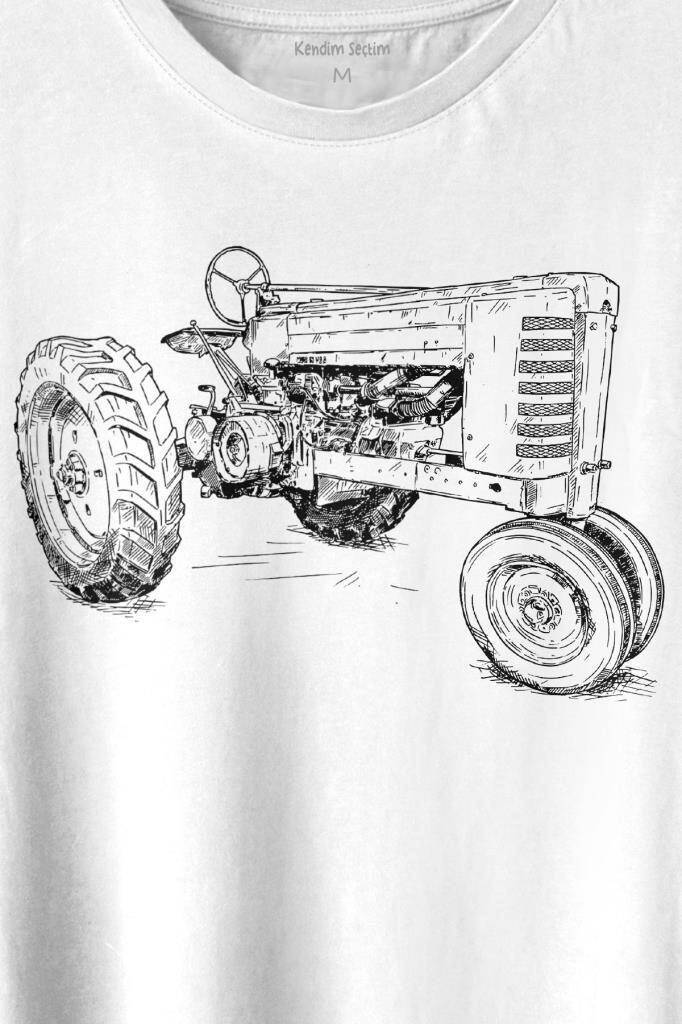 Antika Traktör Silüet Tarım Çiftçi Farmer Baskılı Tişört Unisex T-shirt (1)