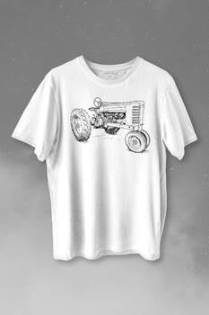 Antika Traktör Silüet Tarım Çiftçi Farmer Baskılı Tişört Unisex T-shirt - 1