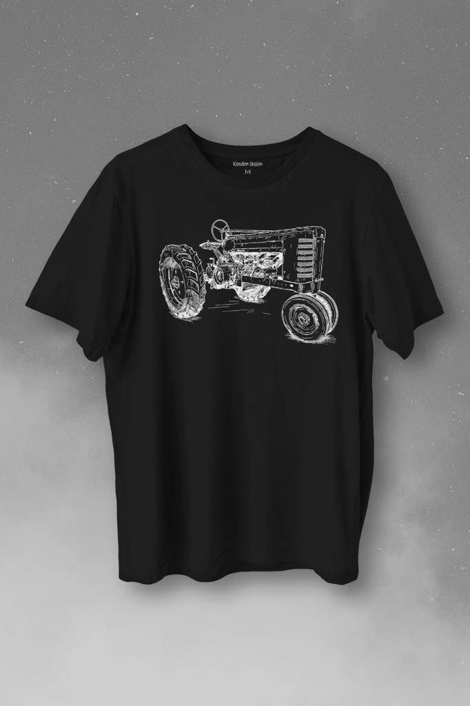 Antika Traktör Silüet Tarım Çiftçi Farmer Baskılı Tişört Unisex T-Shirt - 1