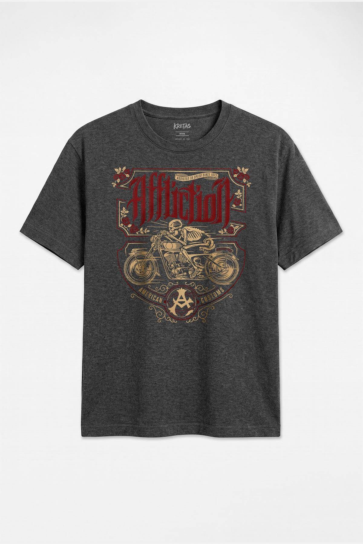 Antrasit Melanj Regular Unisex Death Rider Affliction Motosiklet Ölüm Sürücüsü Tişört