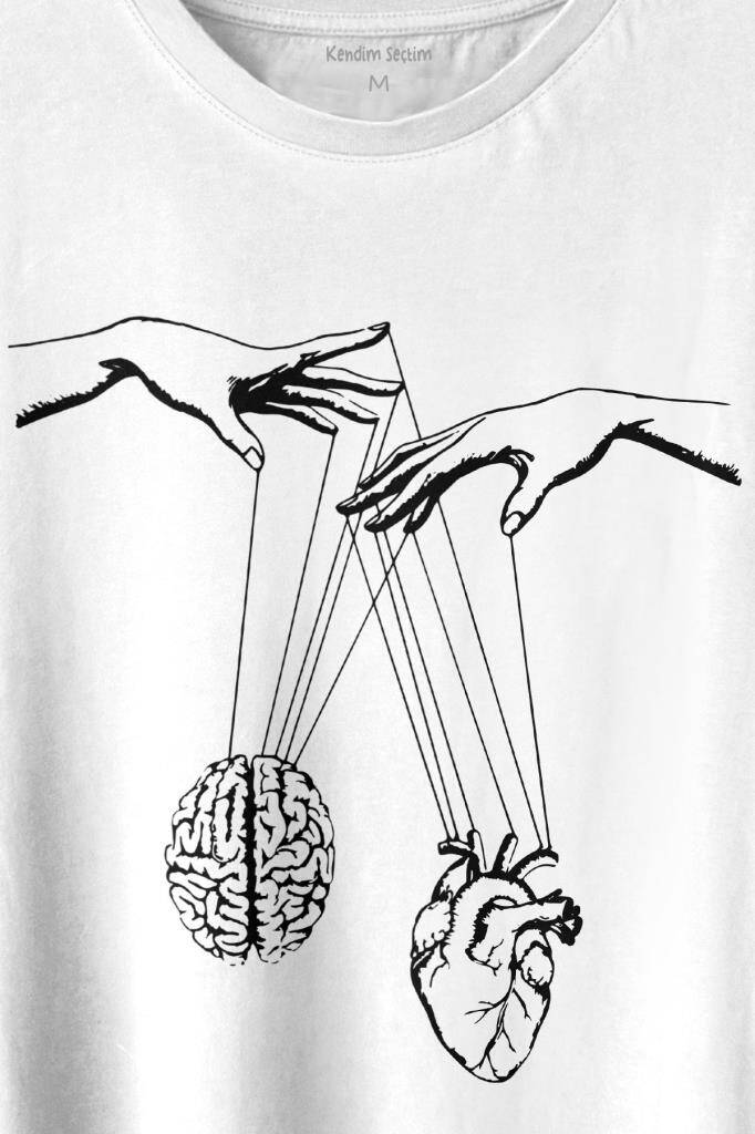 Asılan Kalp Ve Beyin Aşk Akıl Mantık Minimal Baskılı Tişört Unisex T-shirt - 2