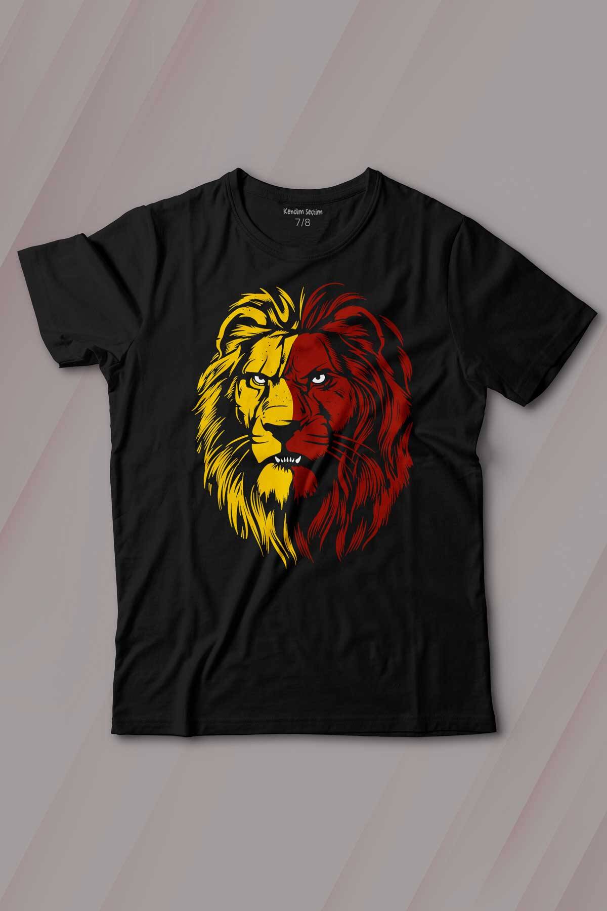Aslan Kafası Sarı Kırmızı Yeleli Lion Head Baskılı Tişört Çocuk T-shirt - 1
