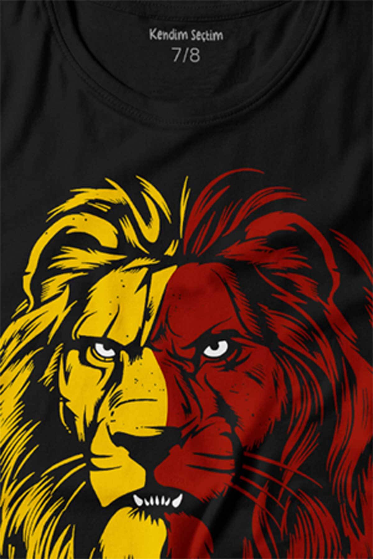 Aslan Kafası Sarı Kırmızı Yeleli Lion Head Baskılı Tişört Çocuk T-shirt (1)