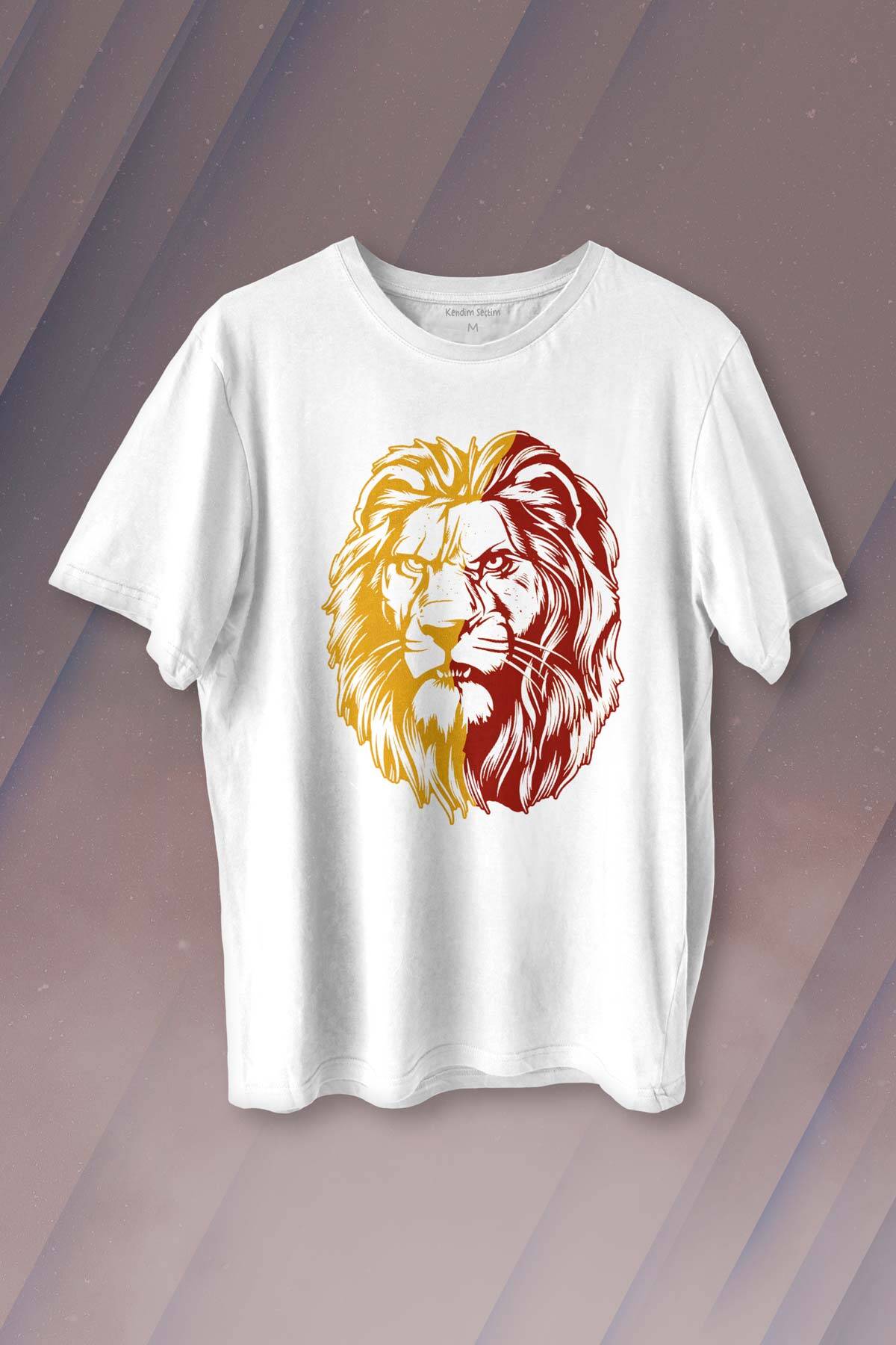 Aslan Kafası Sarı Kırmızı Yeleli Lion Head Baskılı Tişört Unisex T-shirt - 1