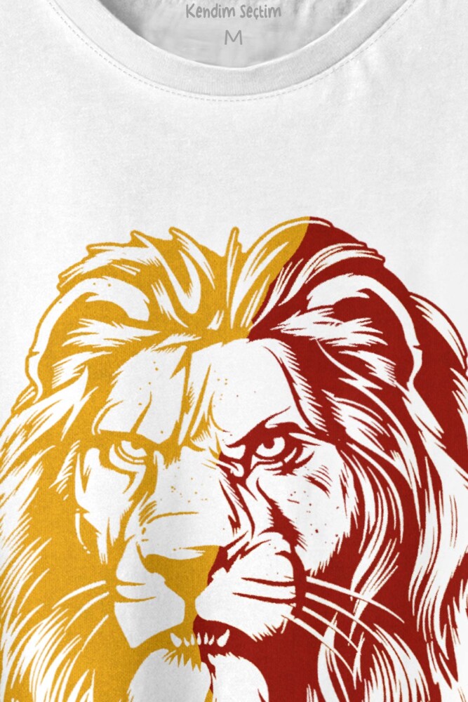 Aslan Kafası Sarı Kırmızı Yeleli Lion Head Baskılı Tişört Unisex T-shirt (1)