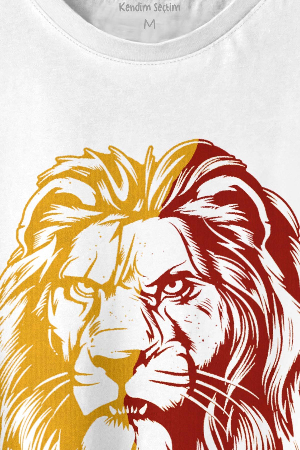 Aslan Kafası Sarı Kırmızı Yeleli Lion Head Baskılı Tişört Unisex T-shirt (1)