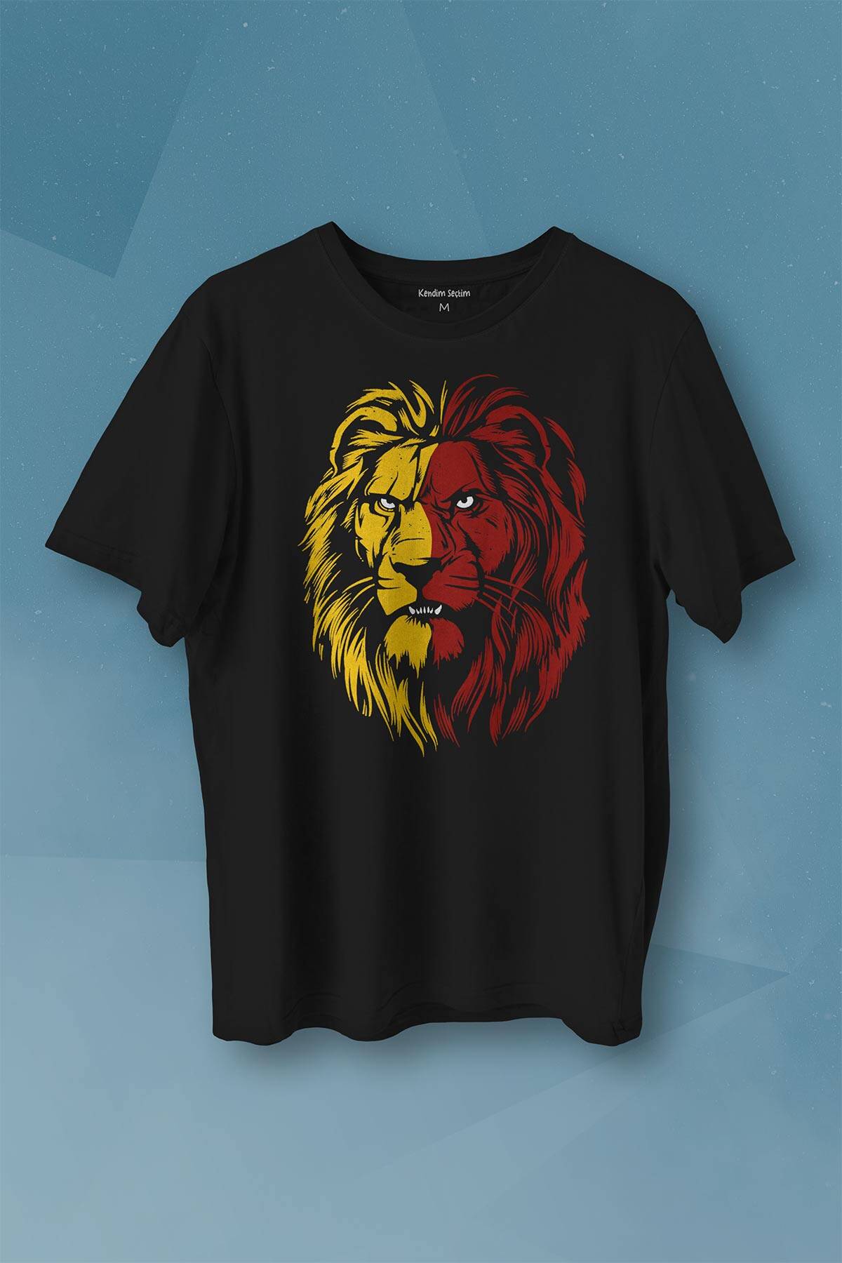 Aslan Kafası Sarı Kırmızı Yeleli Lion Head Baskılı Tişört Unisex T-shirt - 1