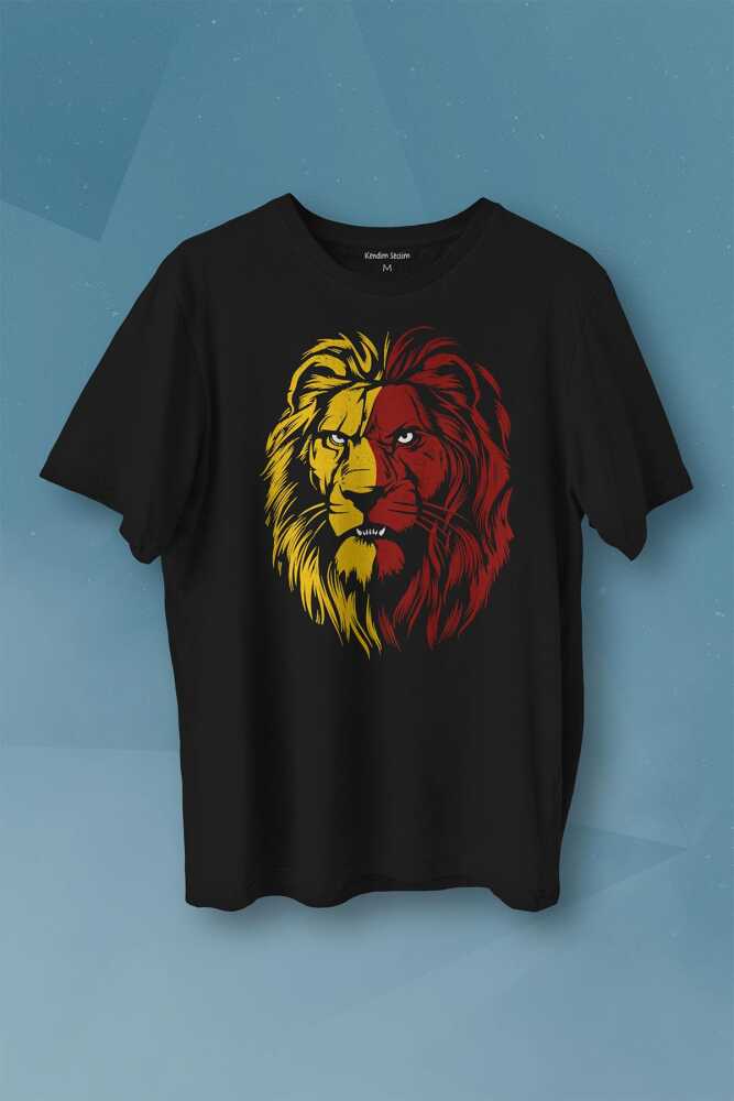 Aslan Kafası Sarı Kırmızı Yeleli Lion Head Baskılı Tişört Unisex T-shirt - 1