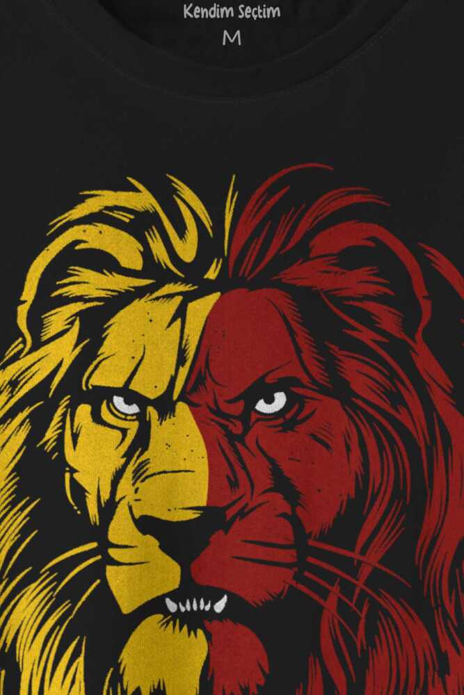 Aslan Kafası Sarı Kırmızı Yeleli Lion Head Baskılı Tişört Unisex T-shirt (1)