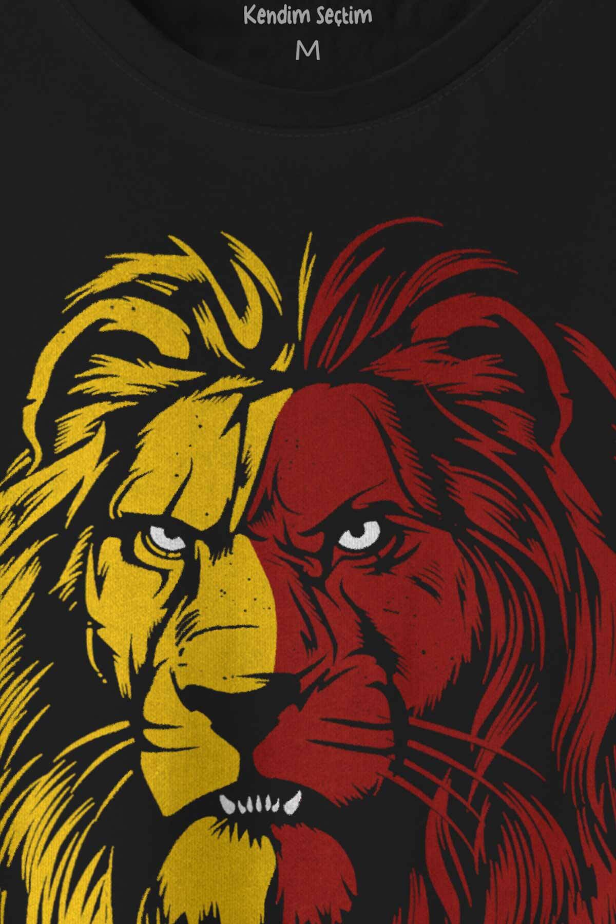Aslan Kafası Sarı Kırmızı Yeleli Lion Head Baskılı Tişört Unisex T-shirt (1)