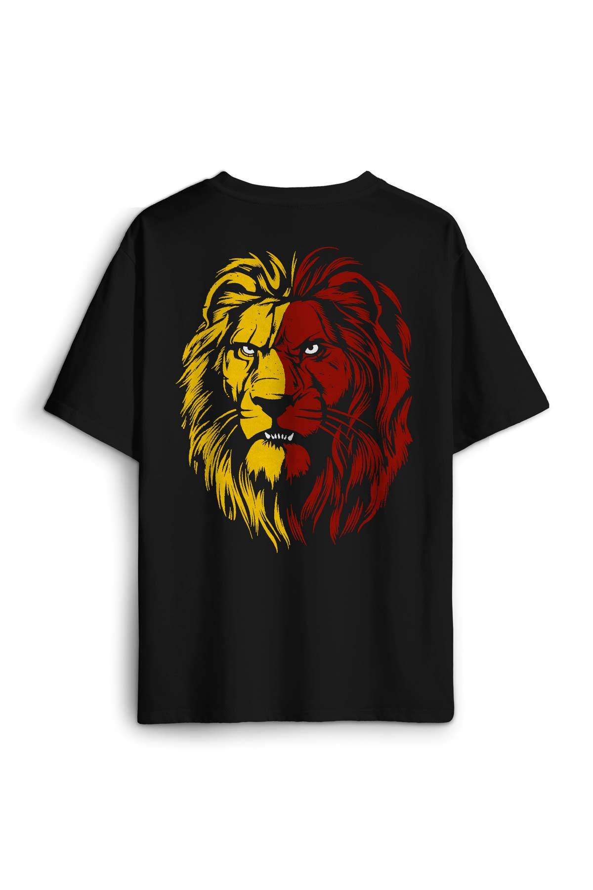 Aslan Kafası Sarı Kırmızı Yeleli Lion Sırt Ön Baskılı Oversize Tişört Unisex T-Shirt - 1