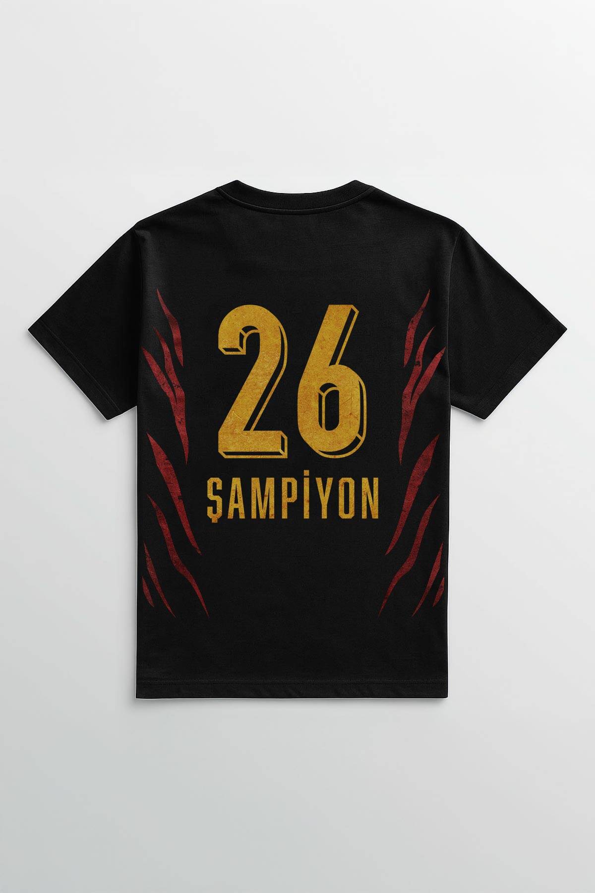 Aslan Ruhu Sarı Kırmızı 5 Yıldız Şampiyon Unisex Siyah Tişört Ön ve Sırt Baskılı Tasarım T-shirt (1)