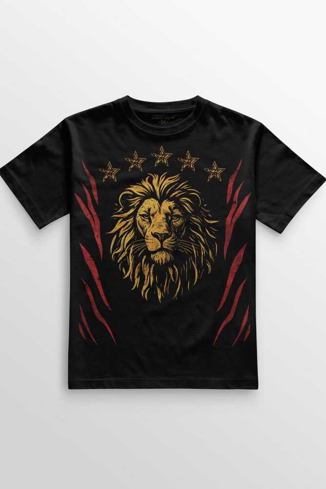 Aslan Ruhu Sarı Kırmızı 5 Yıldız Şampiyon Unisex Siyah Tişört Ön ve Sırt Baskılı Tasarım T-shirt - 3