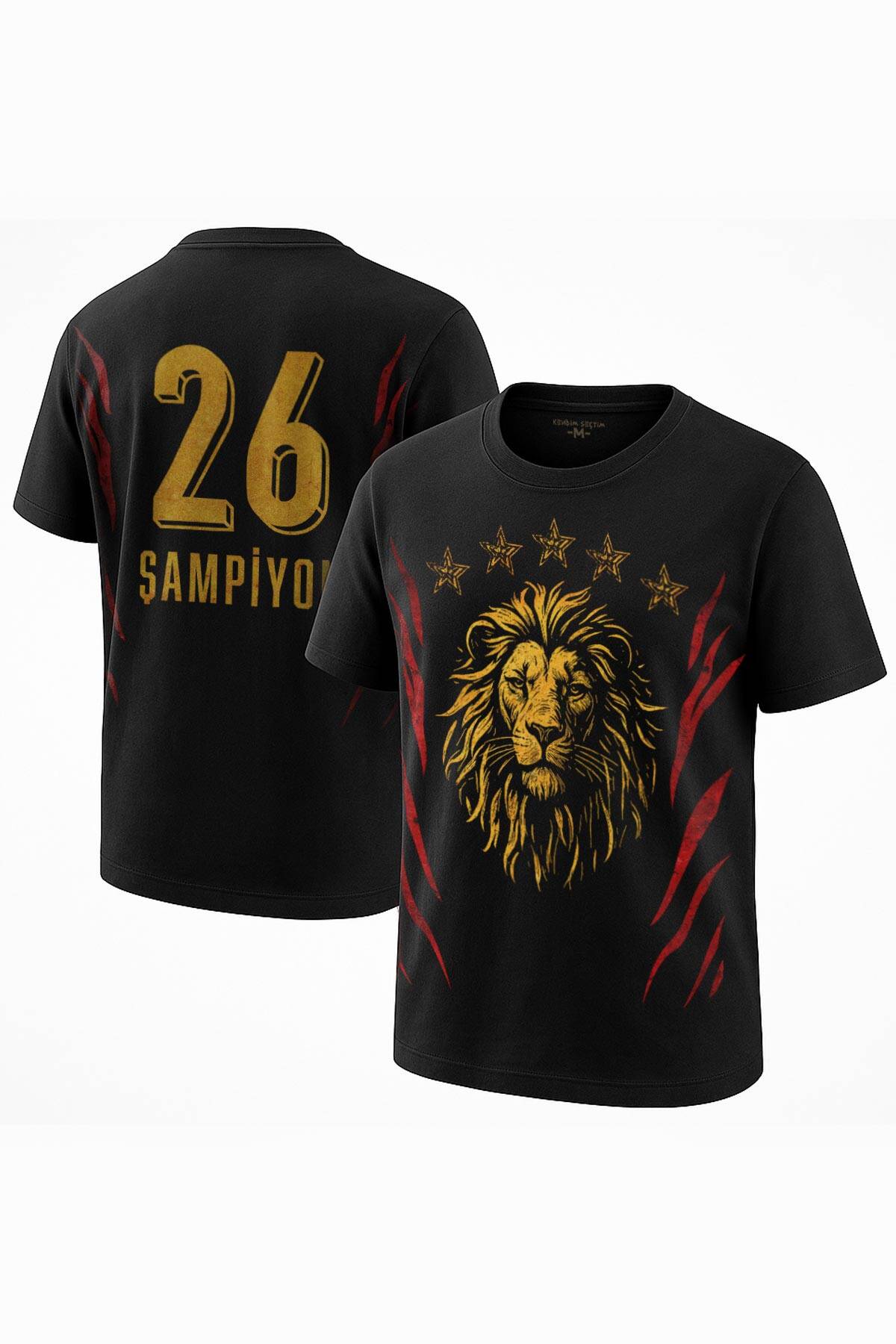 Aslan Ruhu Sarı Kırmızı 5 Yıldız Şampiyon Unisex Siyah Tişört Ön ve Sırt Baskılı Tasarım T-shirt - 1